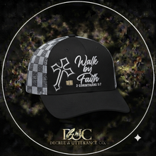 Load image into Gallery viewer, Black and checkered trucker hat with Walk by Faith, cross, and 2 Corinthians 5:7 design