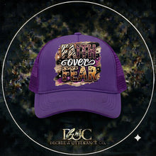 Load image into Gallery viewer, Purple Faith Over Fear Trucker Hat