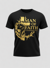Load image into Gallery viewer, Black T-shirt with gold Man of Faith lion and 1 Corinthians 16:13 design