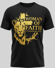 Load image into Gallery viewer, Black T-shirt with gold Woman of Faith lion and 1 Corinthians 16:13 design