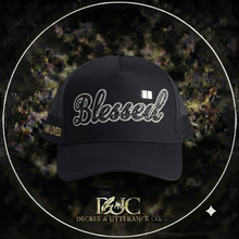 Load image into Gallery viewer, Black trucker hat with Blessed rhinestone lettering and I Am Loved detail
